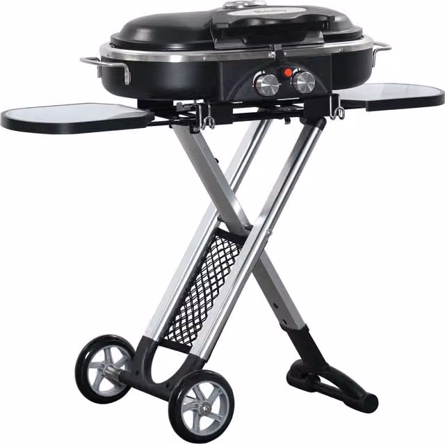 Outsunny 2 Burner Foldable Gas BBQ Grill Trolley in Black with Lid, Side Shelves, Piezo Ignition and Thermometer – 1