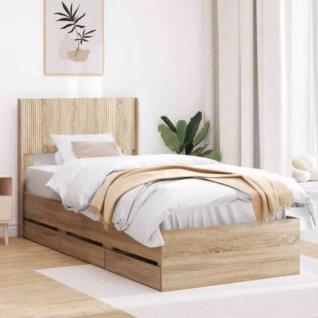 Berkfield Home Sonoma Oak Bed Frame with Storage Drawers and Headboard, Brown, W/D/H: 90 x 200 cm