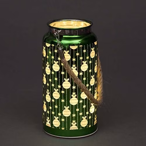 Shatchi Christmas Decorated Jar Table Lamp with Etched Glass Baubles Design in Green, H 20 cm x W 10 cm x D 10 cm – 1
