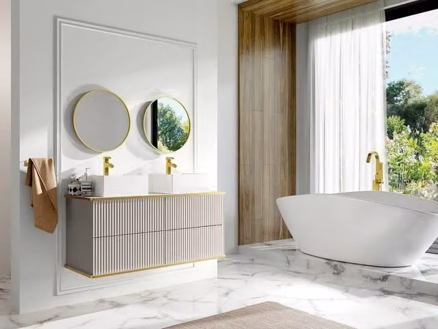 Vente-unique Suspended Grooved Gold-Trimmed Under-Basin Cabinet in Beige, W/D/H: 120 x 47 x 54 cm