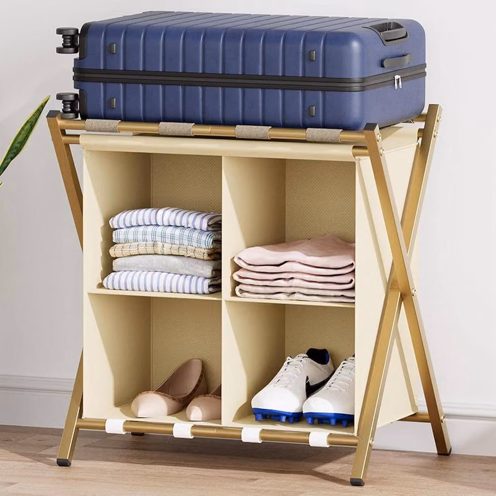 Huhote Set of 2 Sturdy Metal Luggage Rack Stands with Storage in Gold – 2