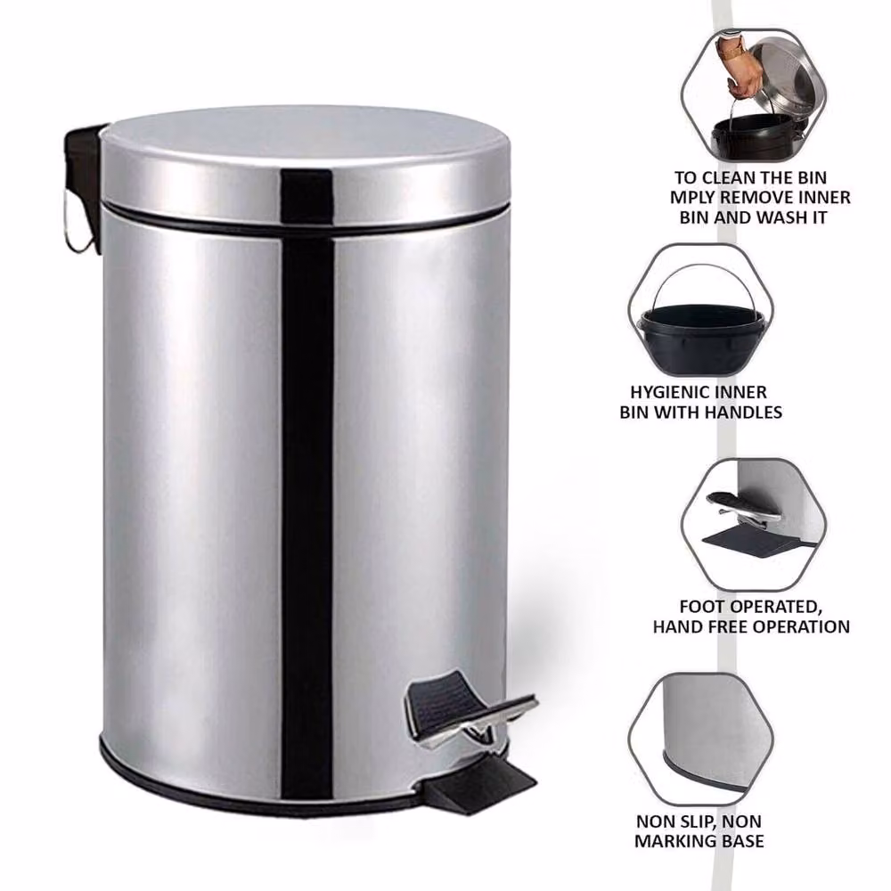 MantraRaj Stainless Steel Pedal Bin with Removable Inner Bucket, Silver, 5 L – 4