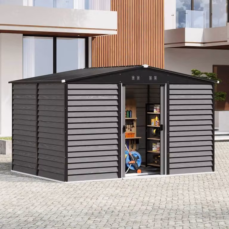 FLAVORA Grey Metal Garden Shed Storage House with Double Sliding Doors