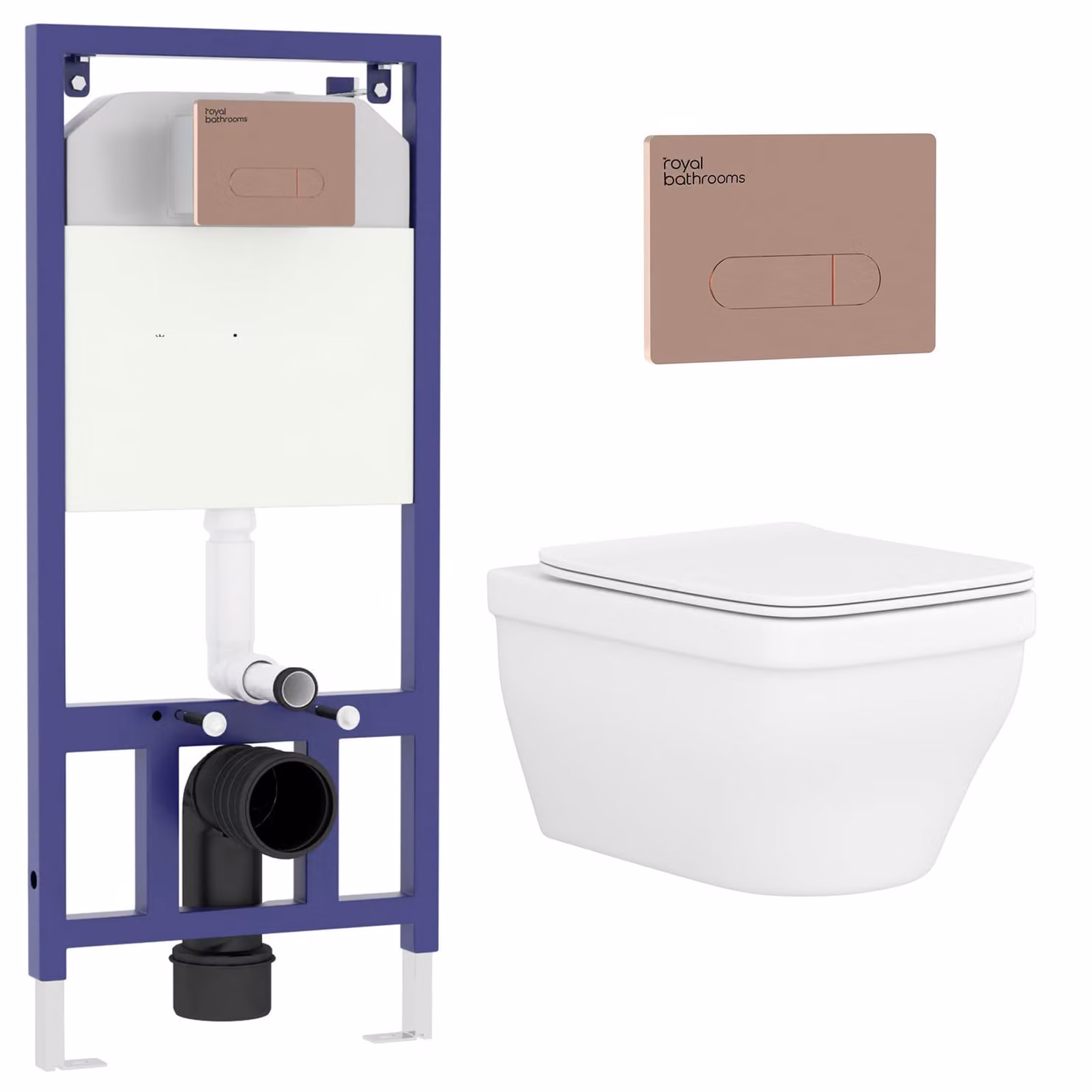 Royal Bathrooms Evora Wall Hung Rimless Ceramic Toilet with Slim Soft Close Seat and Aqua Brushed Bronze Plate Wall Hung Frame, White and Bronze