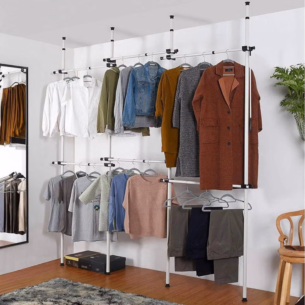 NESTLUNE Telescopic Triple Wardrobe Organiser Hanging Rail Clothes Rack in White, W: 100 cm, D: 27 cm, H: 31 cm – 2