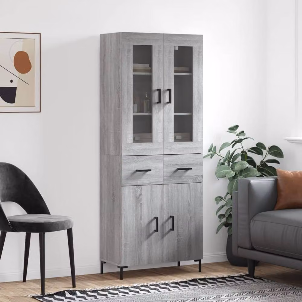 Berkfield Home Grey Sonoma Highboard with Glass Doors and Drawers, W/D/H: 69.5 x 34 x 180 cm – 2