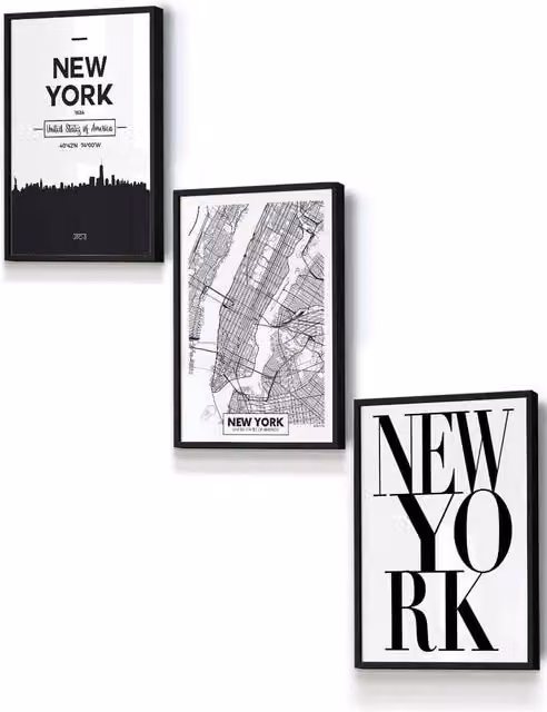 ARTZE NEW YORK Skyline Street Map City Print Framed Wall Art in Black and White, W: 33 cm, H: 45 cm, D: 0.2 cm