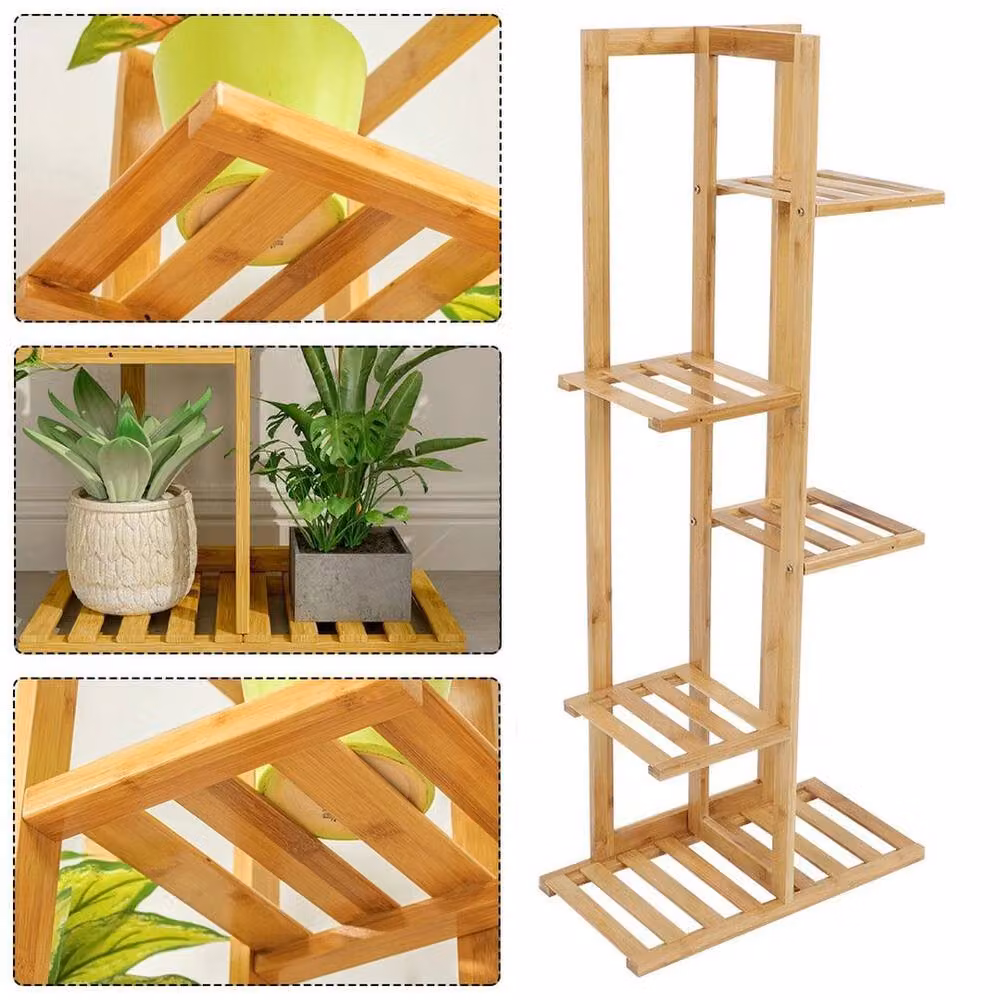 FORGEVIO 5 Tier Natural Wood Plant Stand in Brown, H 103 x W 45 x D 22 cm – 2