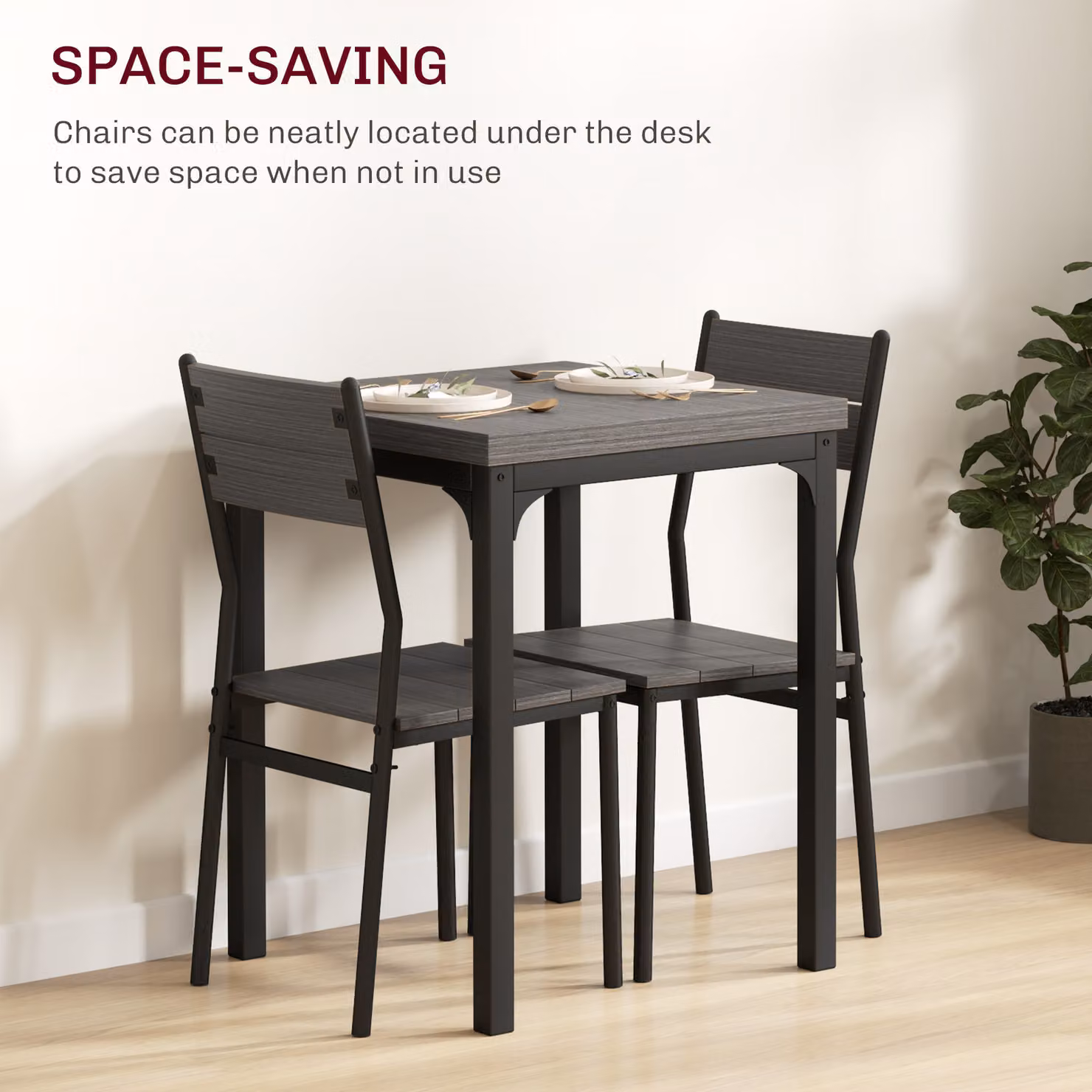 HOMCOM Three-Piece Minimalist Dining Set in Grey Wood Grain with Square Table and Three Chairs – 3