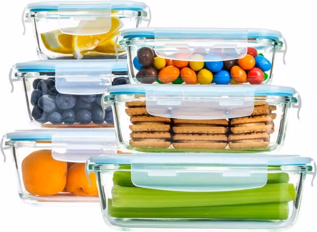 Homiu 6 Piece Airtight and Leakproof Glass Food Storage Container Set with Lids, White and Transparent