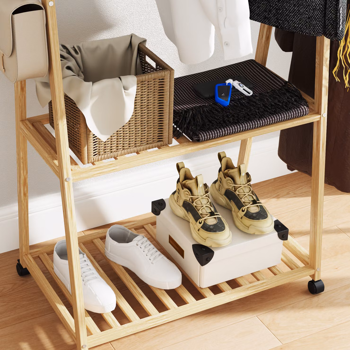 HOMCOM Bamboo Clothes Rack with Shelves and Hooks in Brown and Beige – 6