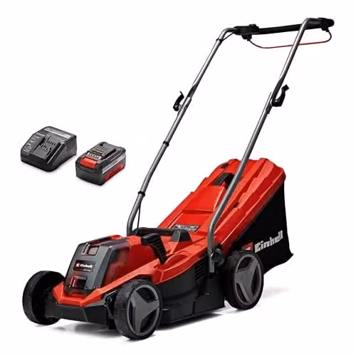 Einhell Power X-Change 18V Cordless Lawnmower with Rechargeable Battery and Quick Charger, Red
