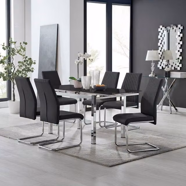 Furniturebox Enna Black Glossy Glass Extending Dining Table and 6 Lorenzo Chairs