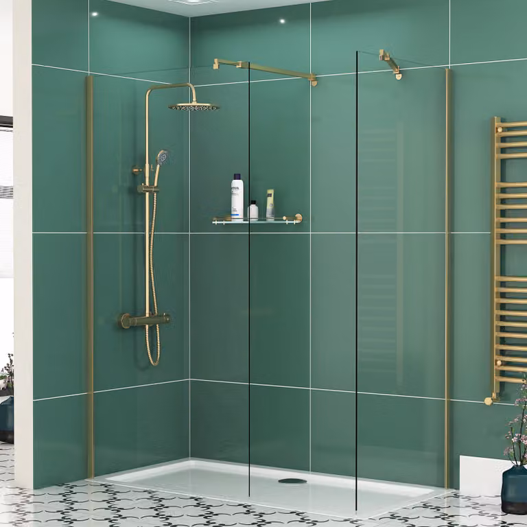 Royal Bathrooms Marbella Walk In Shower Enclosure with Tray, Brushed Brass, W: 140 cm, D: 70 cm, 8 mm Glass