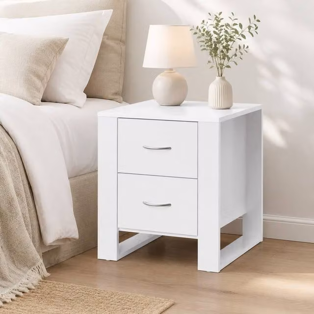 STILVORA Modern White Bedside Cabinet with 2 Drawers and Silver Accents – 1