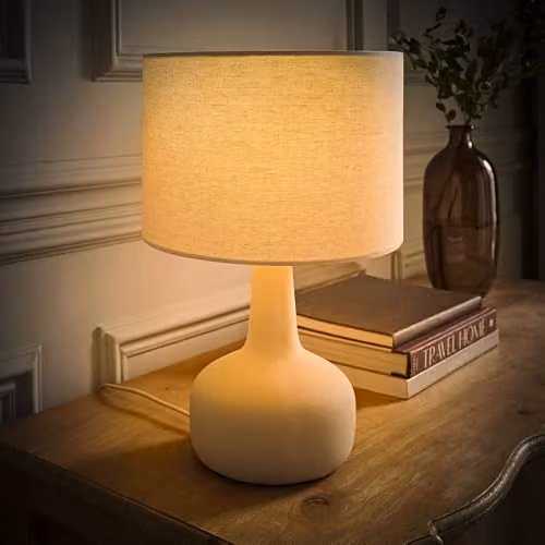 ValueLights Hayley Ceramic Table Lamp with Beige Natural Linen Drum Shade and LED Bulb – 2