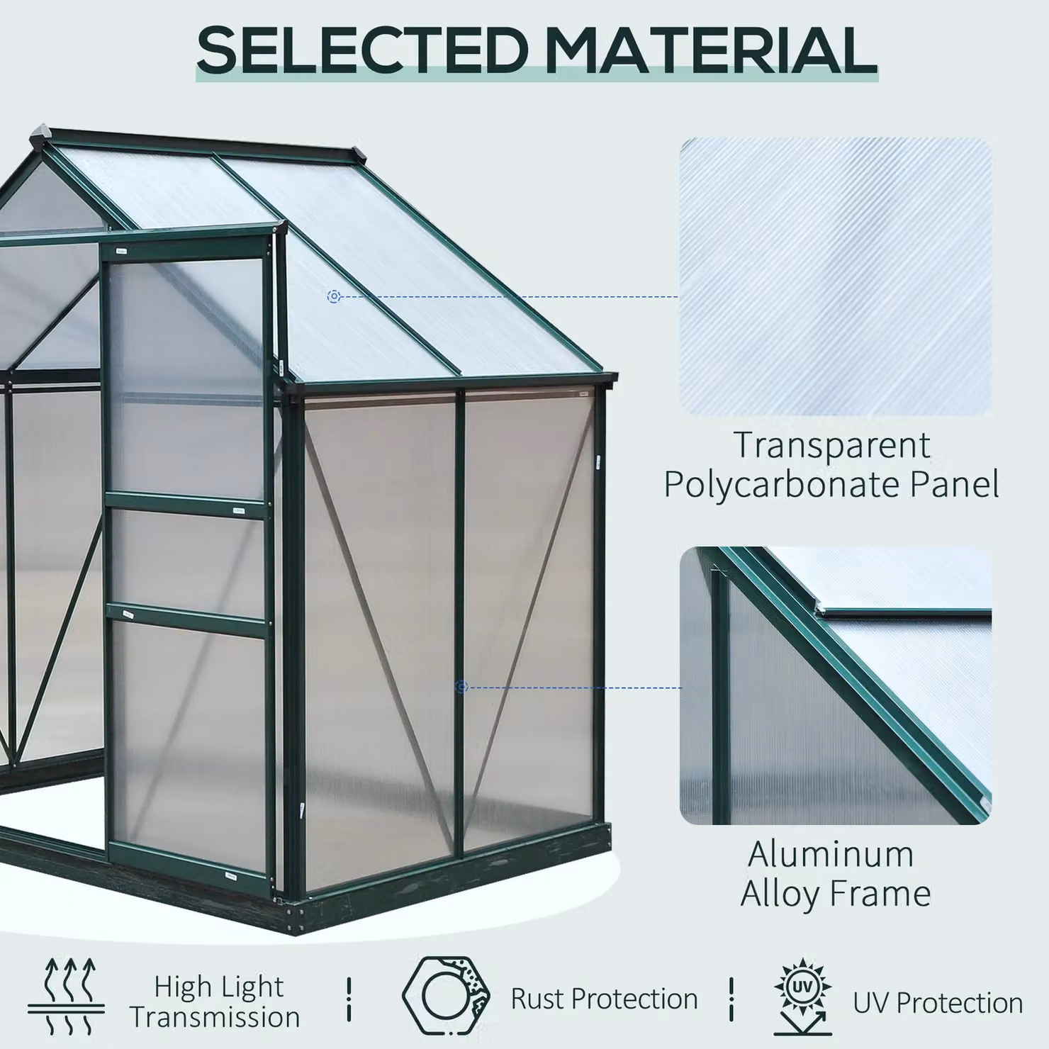 Outsunny Walk-In Polycarbonate Greenhouse with Green Aluminium Frame and Sliding Doors, H 190 x W 132 x D 132 cm – 5