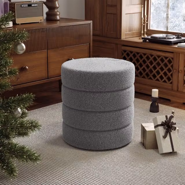 Livingandhome Grey Bouclé Fabric Round Upholstered Cylindrical Footstool