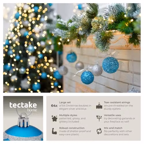 tectake 64-Pack Christmas Baubles in Blue and Silver with Glossy, Glittery and Snowflake Designs – 2
