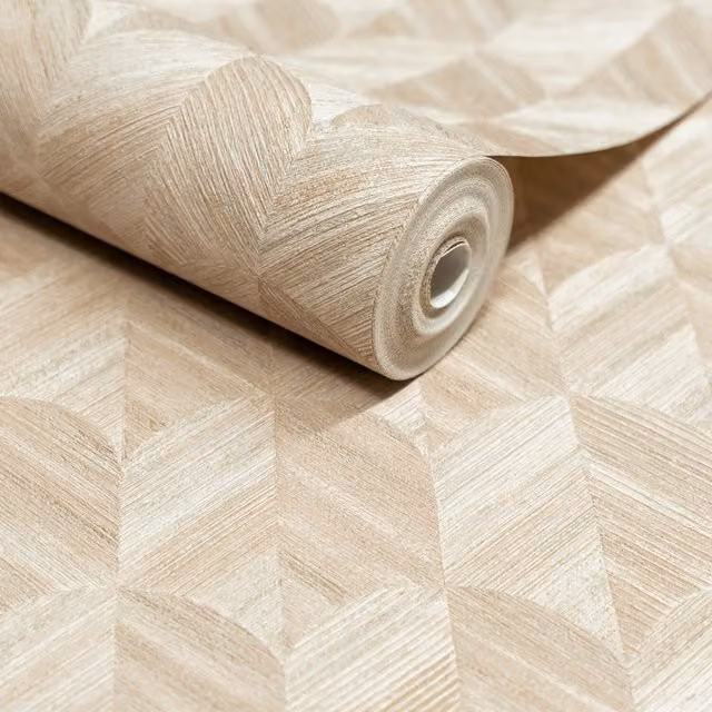 Grandeco Art Deco Geometric Abstract Wallpaper in Beige with Satin Gloss Finish