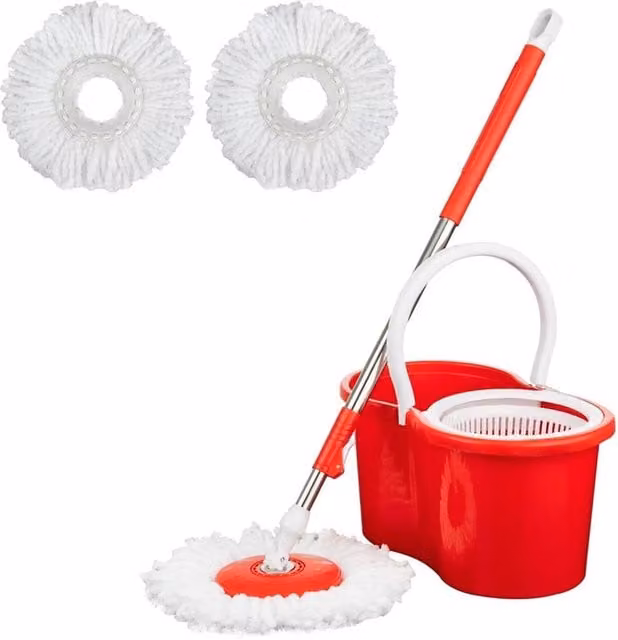 Kelvenix Red MOP Bucket Set Floor Magic Spin Dry in Red with Telescopic Handle and Microfibre Refillable Head