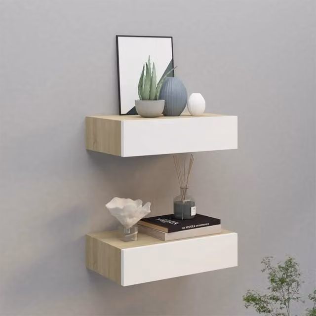 Berkfield Home Wall Mounted Drawer Shelves, 2 Piece Set in Oak and White, W/D/H: 40 x 23.5 x 10 cm