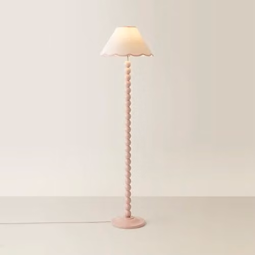 ValueLights Rose Pink Bobbin Stem Floor Lamp with Pale Pink Fabric Scallop Shade