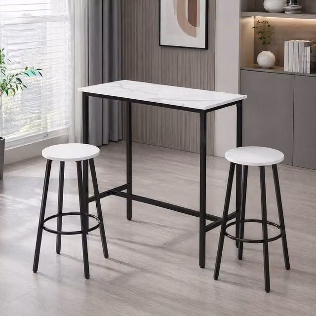 STILVORA Modern White Bar Table and Chairs Set with Wooden Structure