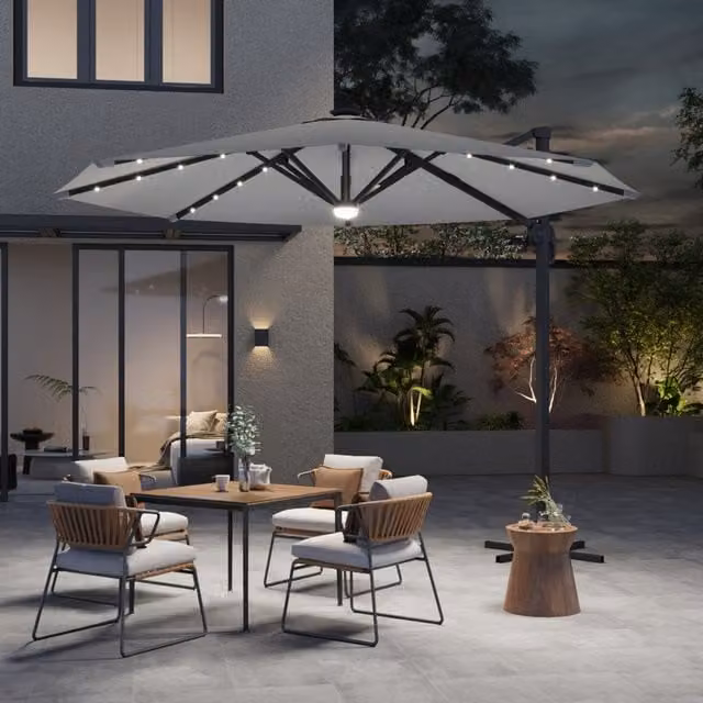 Breeins Round Cantilever Parasol with Solar LED Light in Light Grey