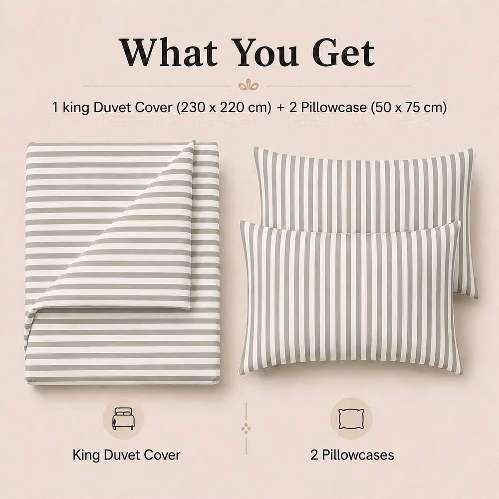 Grace Pinstripe Reversible Microfibre Duvet Cover and Pillowcase Set in Grey, Double (140 x 200 cm) – 2