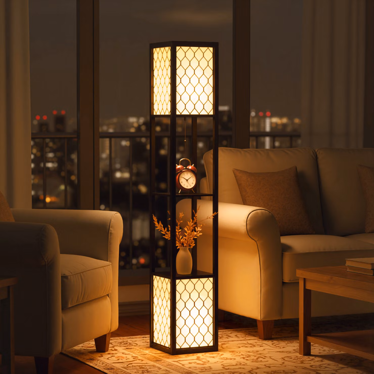 HOMCOM Modern Tall Floor Lamp with Shelves and Dual Light, Black – 2