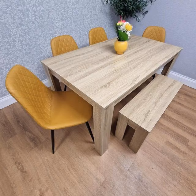 Kosy Koala Modern Rectangular Dining Table Set with Bench and Chairs in Yellow and Grey