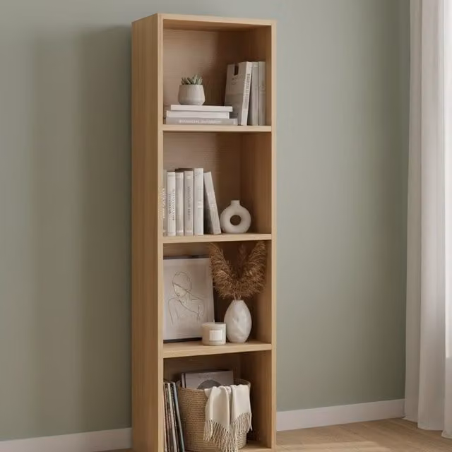 DEENZ Oak 4-Shelf Wooden Cubic Bookcase and Open Display Unit, H 106 x W 30.5 x D 24 cm