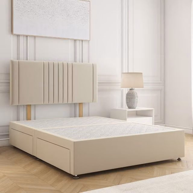 BSSPOKE Monaco Plush Velvet Divan Bed with 24 inch Headboard and 4 Drawers, Beige, W/D/H: 200 x 200 cm