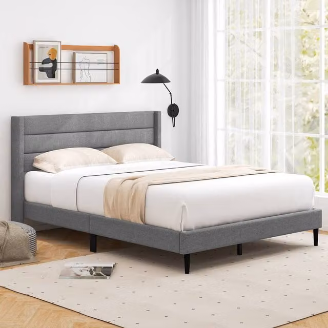 Costway Grey Linen Upholstered Double Bed Frame with Headboard, W/D/H: 140 x 200 cm – 1