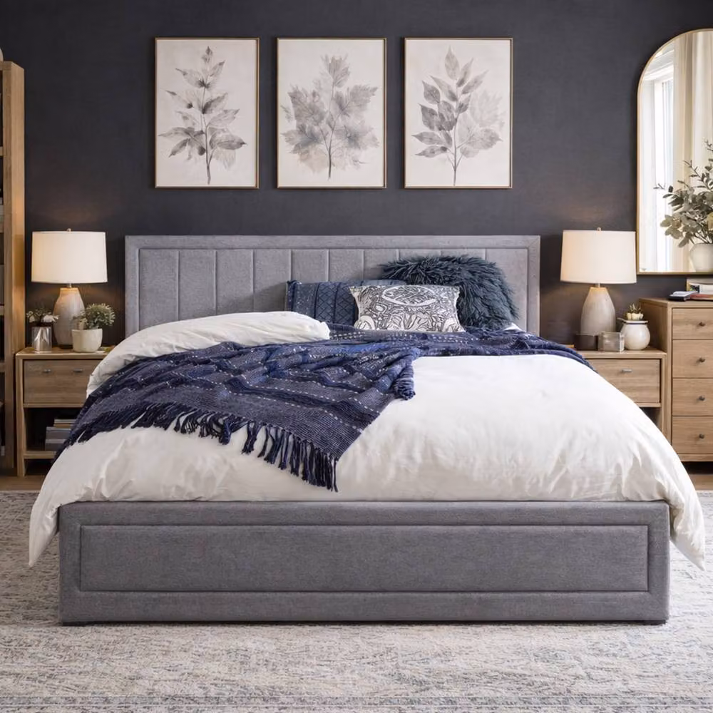 Aspire Camden Grey Linen Upholstered Ottoman Storage Bed with Quilted End and Lift Up Base, W/D/H: 140 x 200 cm – 2