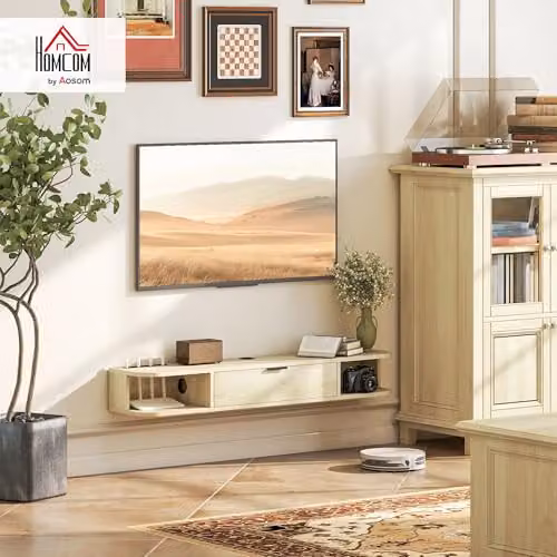 HOMCOM Modern Floating TV Unit with Flip Drawer and Shelves, Natural and Black – 2