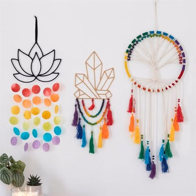 KDMK Boho Abstract Crystal Wire Wall Hanging with Rainbow Beads and Tassels in Gold and Multicolour