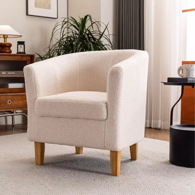 Home Source Bedford Small Padded Accent Tub Chair in Cream Bouclé with Solid Wood Frame
