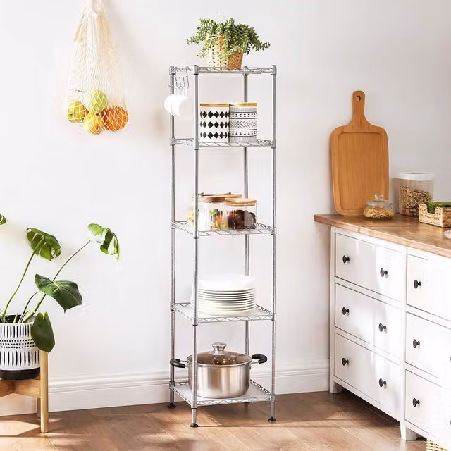 SONGMICS Metal Bathroom Storage Rack in Silver with Adjustable Shelves and Hooks
