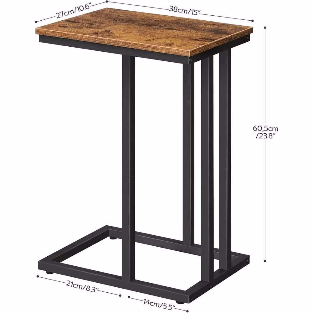 VOGREX Rustic Brown Slim C-Shaped Side Table with Wood and Metal Sled Base – 2