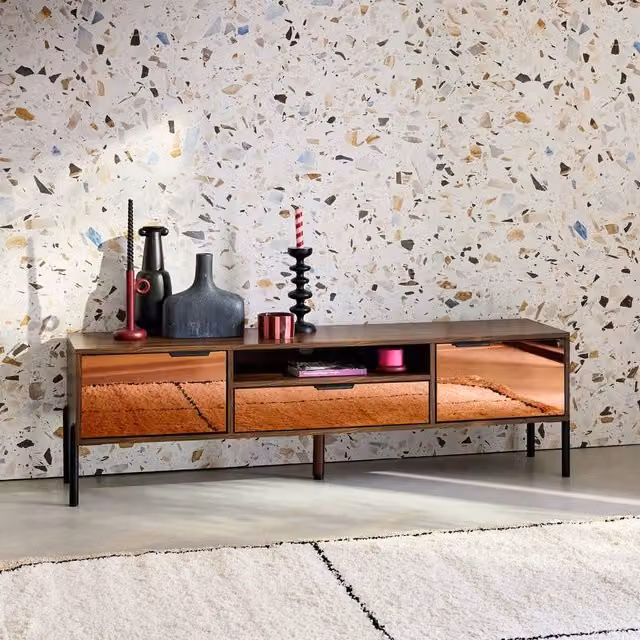 Sweekeek Vintage TV Unit in Dark Brown Walnut Wooden Effect with 2 Doors and 1 Drawer, W: 151.5 cm, H: 44.7 cm, D: 38.0 cm