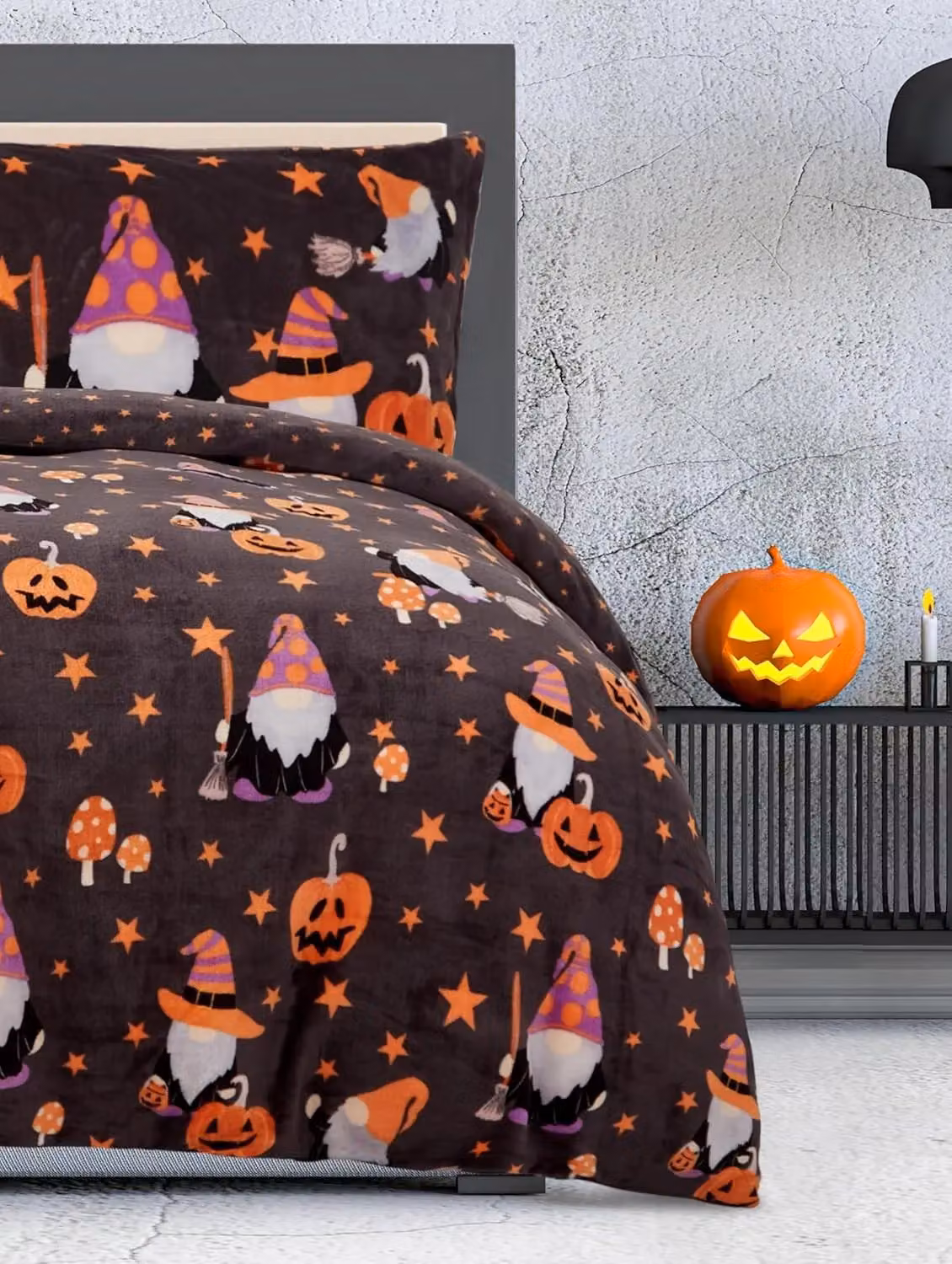 Smart Living Halloween Gonk Reversible Flannel Duvet Cover and Pillowcase Set, Charcoal Grey, 90 x 200 cm – 3