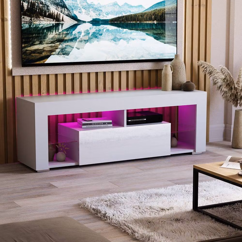 HD Designs Vida Designs Luna Modern 2 Drawer LED TV Unit in White with Integrated Lighting and Glass Details – 6