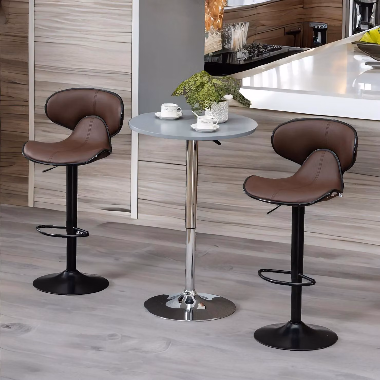 Rafaelo Mobilia Set of 2 Brown Synthetic Leather Swivel and Adjustable Height Dining Chairs – 2