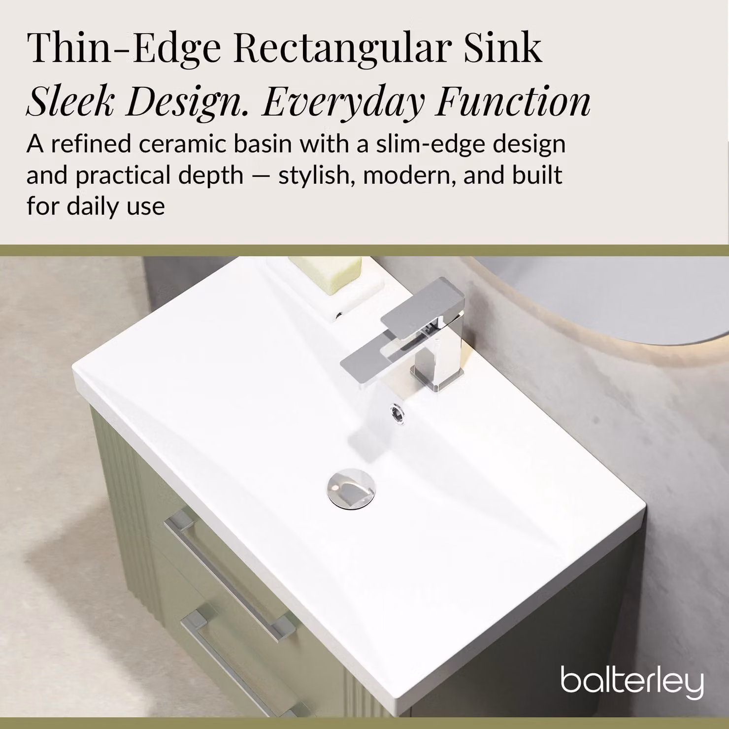 Balterley Wall Hung 2 Drawer Vanity Unit with Thin-Edge Basin, Satin Green, W: 60 cm, D: 55 cm, H: 60 cm – 3