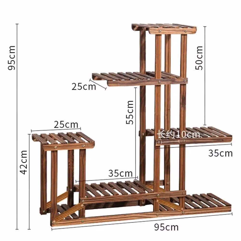 EONLION 5-Tier Solid Pine Wood Plant Stand and Flower Pot Shelf, Brown, H 95 x W 95 x D 25 cm – 2