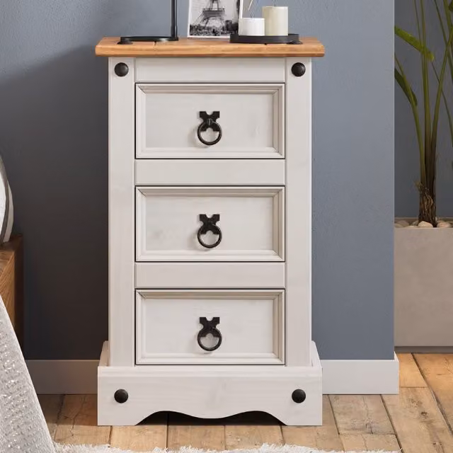 Mercers Furniture Corona 3 Drawer Narrow Bedside Cabinet in Distressed White Waxed Solid Pine Wood
