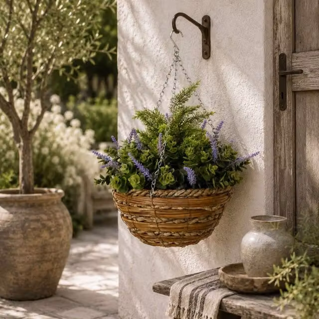 Wyld Haus Set of 2 Hanging Artificial Lavender Flower Pots in Purple and Green with Rattan Detail