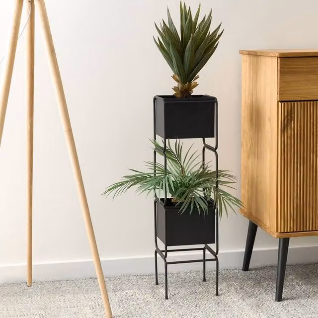 Wyld and Coco Two-Tier Modern Metal Plant Stand, Black, Height: 75 cm – 1